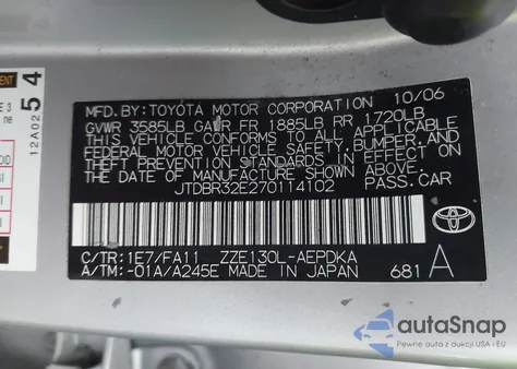 2007 Toyota Corolla Ce from USA, damaged, VIN JTDBR32E270114102